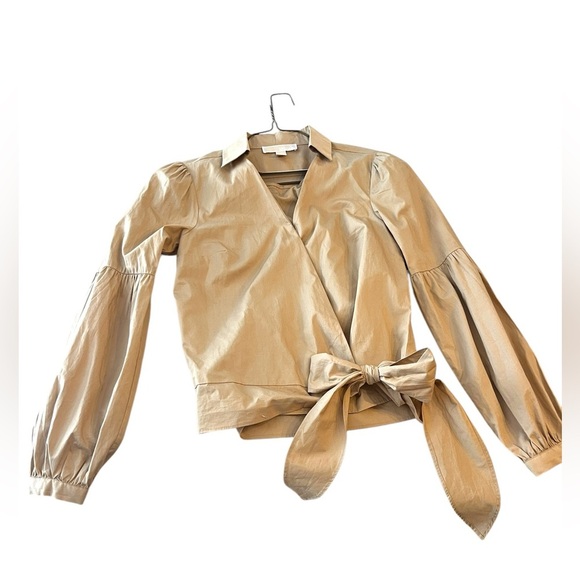 MICHAEL MICHAEL KORS Wrap Balloon-Sleeve Top Khaki Solid Collared Sz XS - Picture 2 of 10